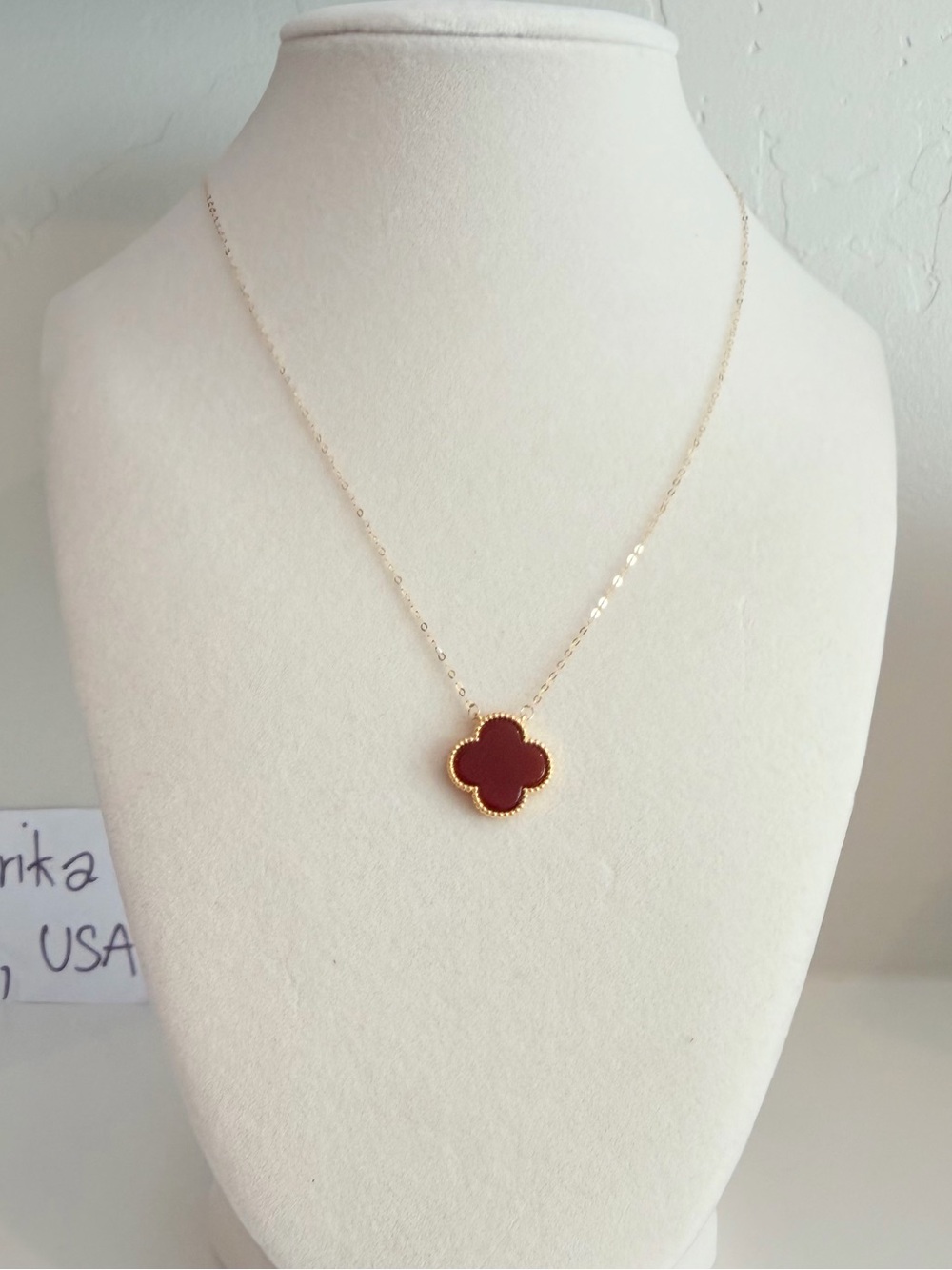 Gold Chain Necklace with Burgundy Clover Pendant